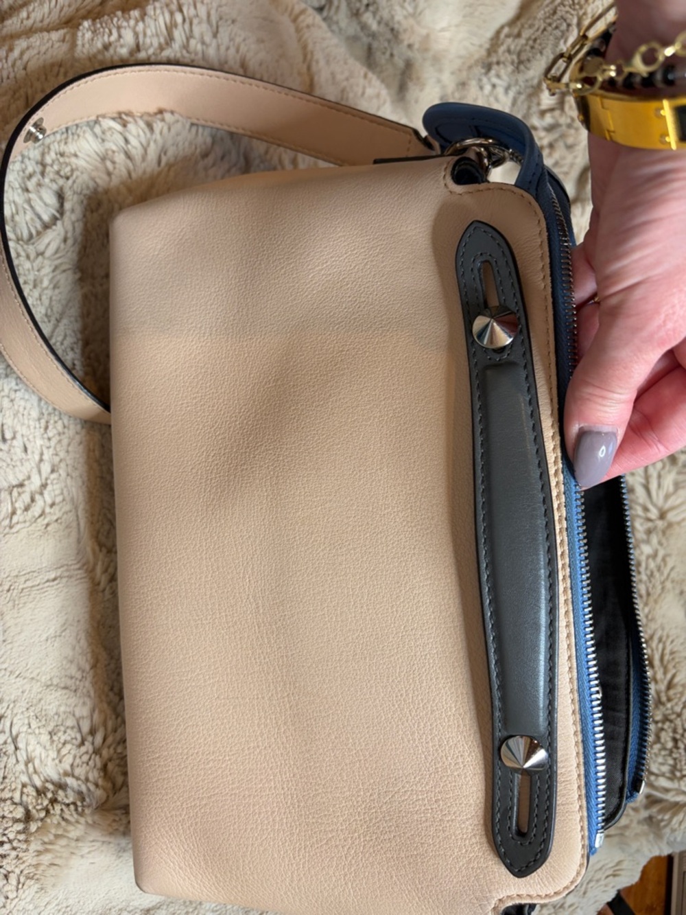 Fendi Blush Pebbled Leather Shoulder Bag with Blue Trim - Picture 9 of 10